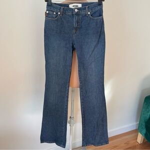Moschino Peace Sign Vintage Y2K 2000 Mid-Rise Stretch Denim Bootcut Jeans EUC 26